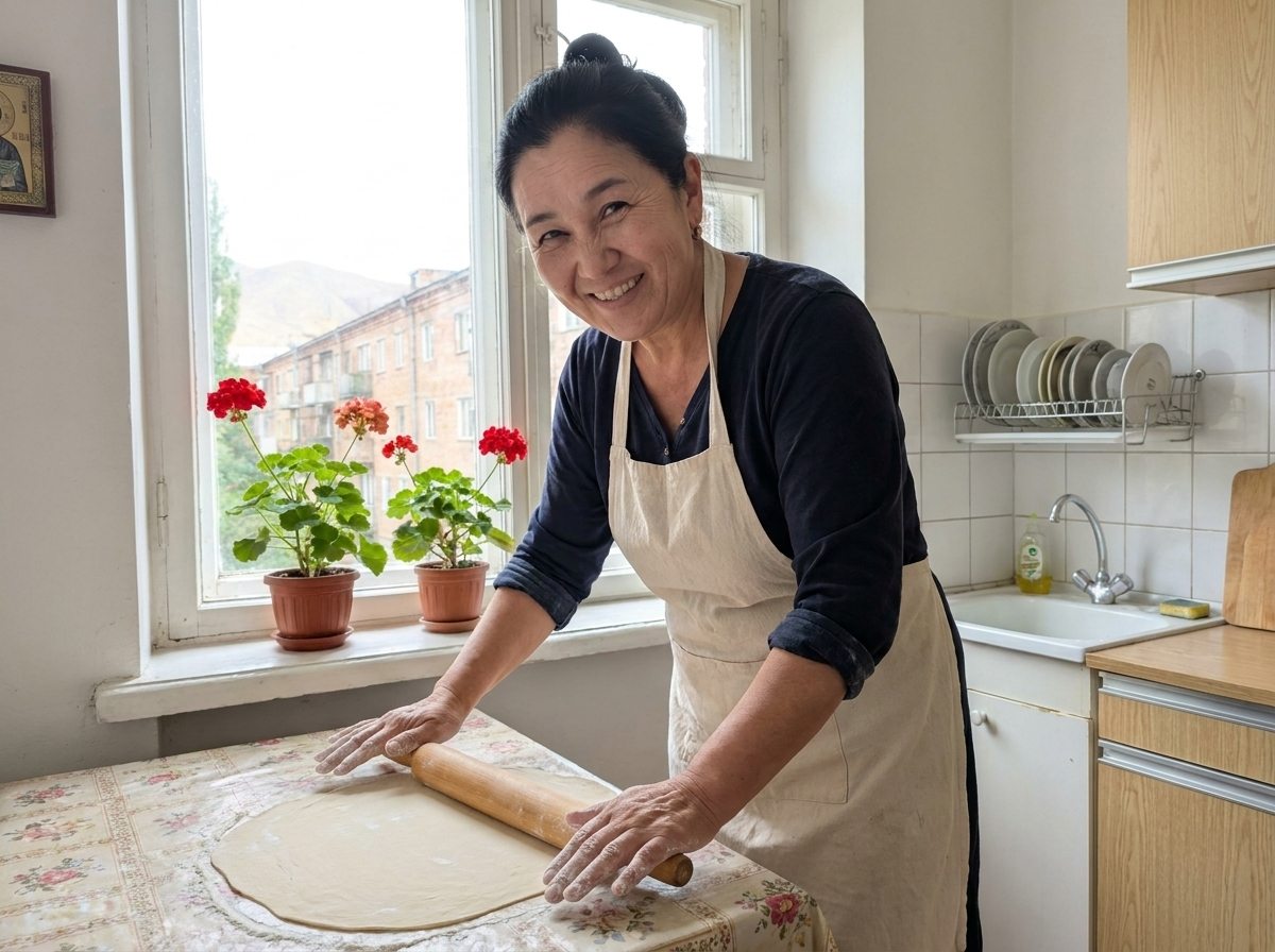 Jibek smiling as she rolls out noodle dough at the table under her kitchen window in Talas
