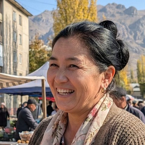 Jibek Sooronbai kyzy, smiling at the bazaar in Talas