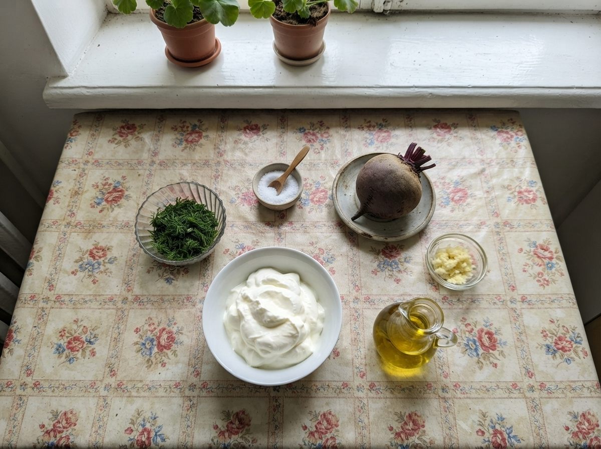 The ingredients for Beet suzma, measured out on the counter