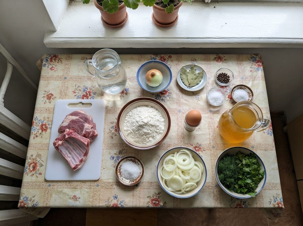 The ingredients for Beshbarmak, measured out on the counter