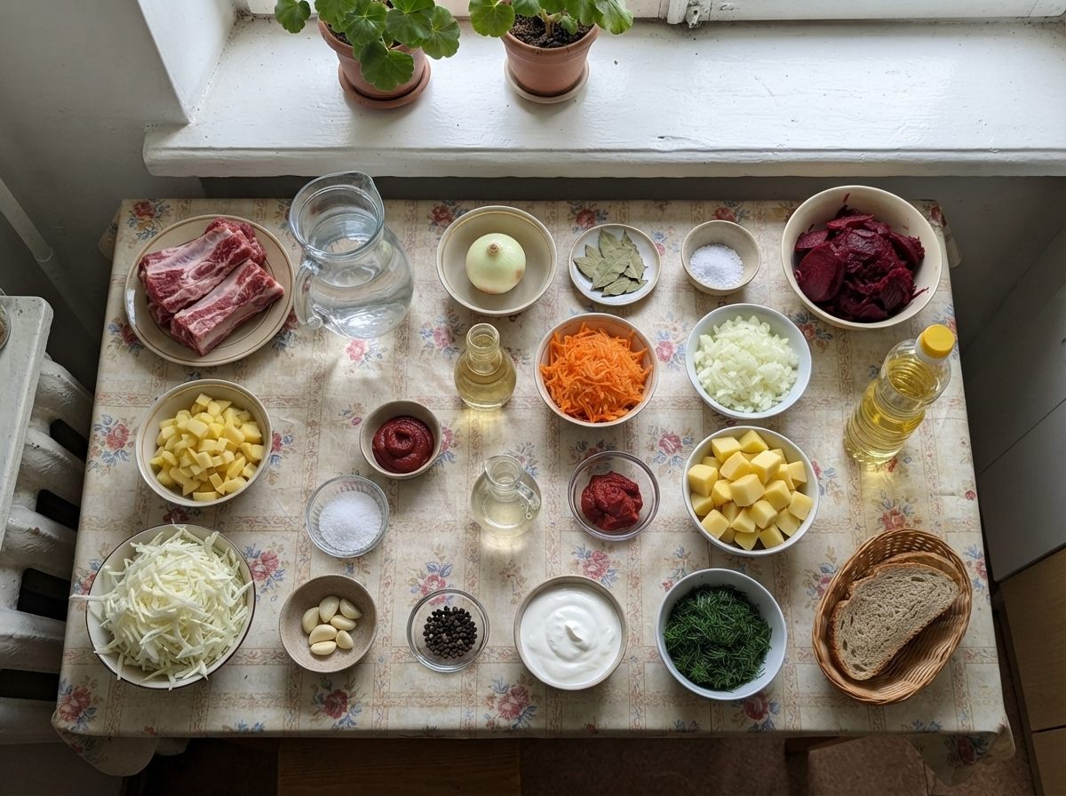 The ingredients for Borscht, measured out on the counter