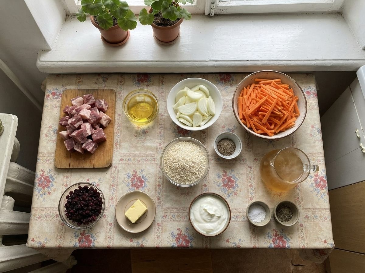 The ingredients for Iradi plov, measured out on the counter