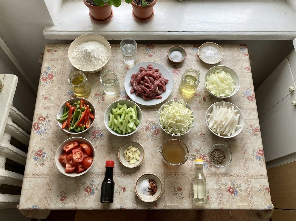 The ingredients for Laghman, measured out on the counter