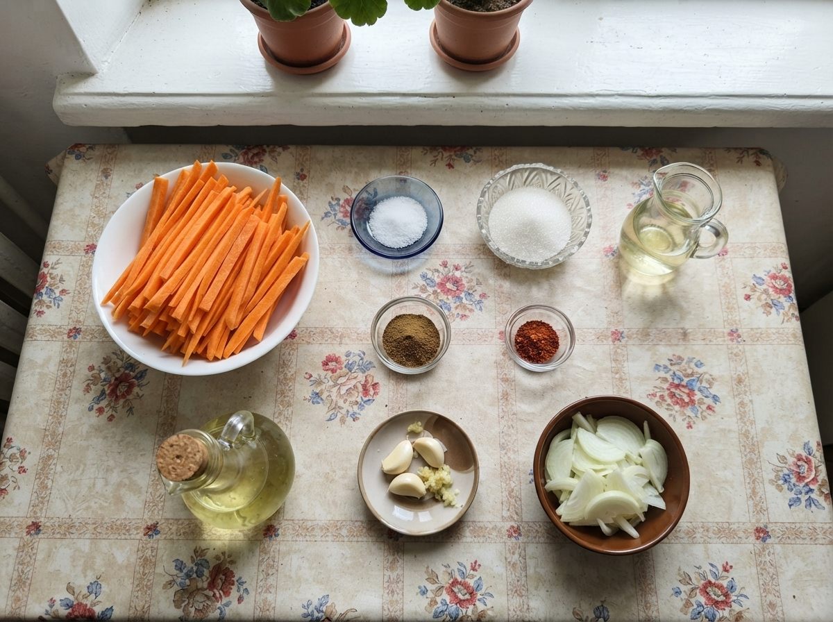 The ingredients for Korean carrot salad, measured out on the counter