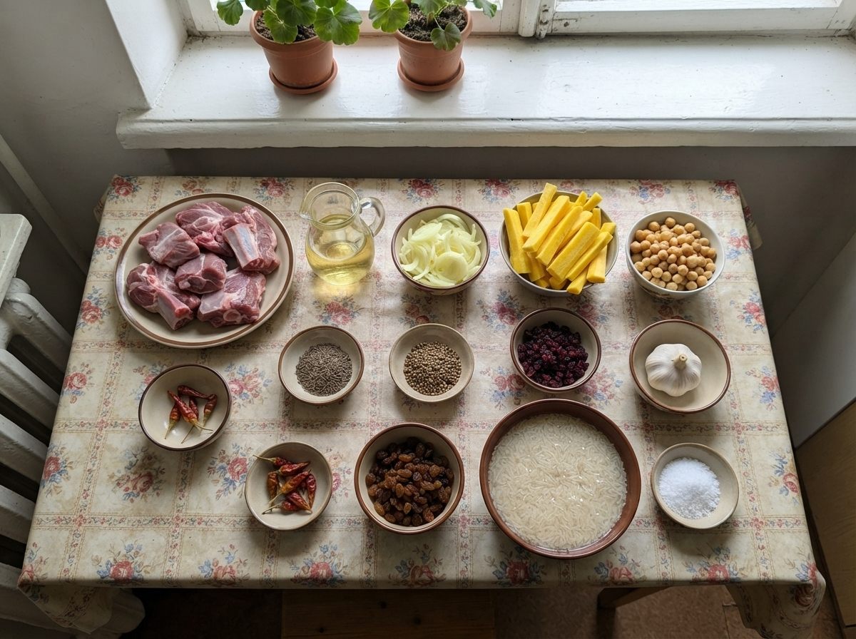 The ingredients for Wedding plov, measured out on the counter