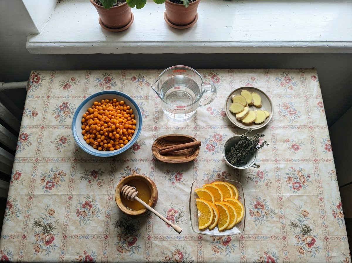 The ingredients for Sea-buckthorn tea, measured out on the counter