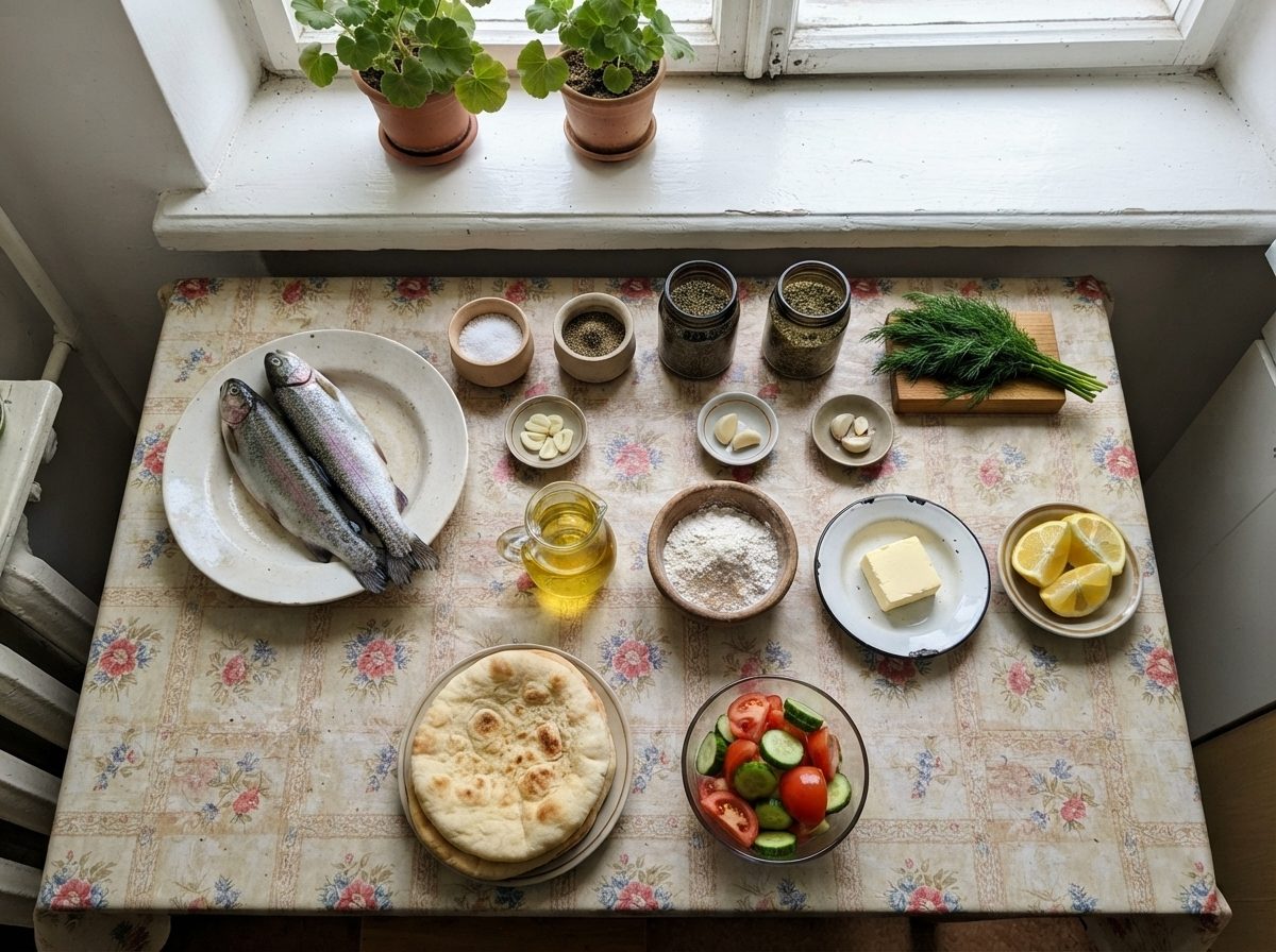 The ingredients for Toktogul trout with mountain herbs, measured out on the counter