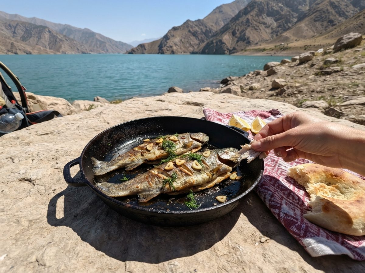 Toktogul trout with mountain herbs, homemade
