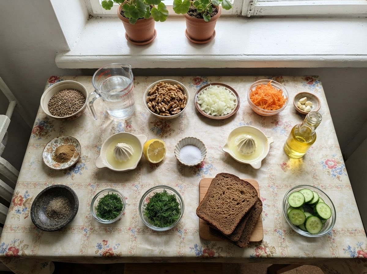 The ingredients for Walnut pashtet, measured out on the counter